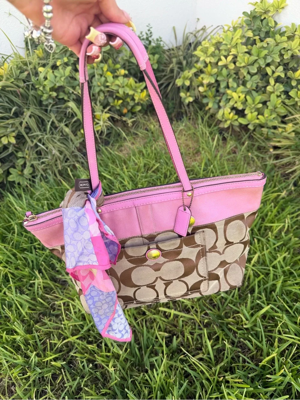 Coach Pink Trim Signature Canvas Tote Bag Y2K